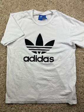 Adidas Mens Medium Graphic T-Shirt White Black Spell Out Cotton Trefoil Logo